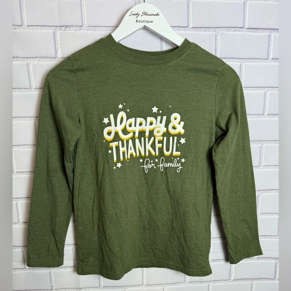 Cat & Jack Green 'Happy & Thankful' Long Sleeve Tee Thanksgiving/size M